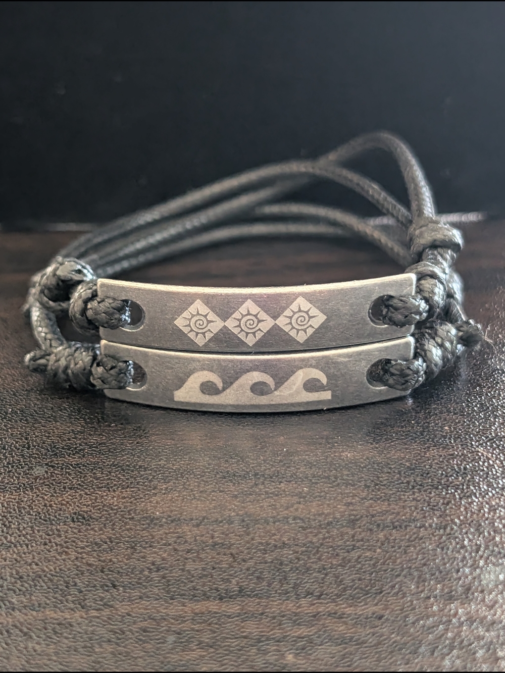 Men's Black Cord Surf Wave Engraved Bracelet